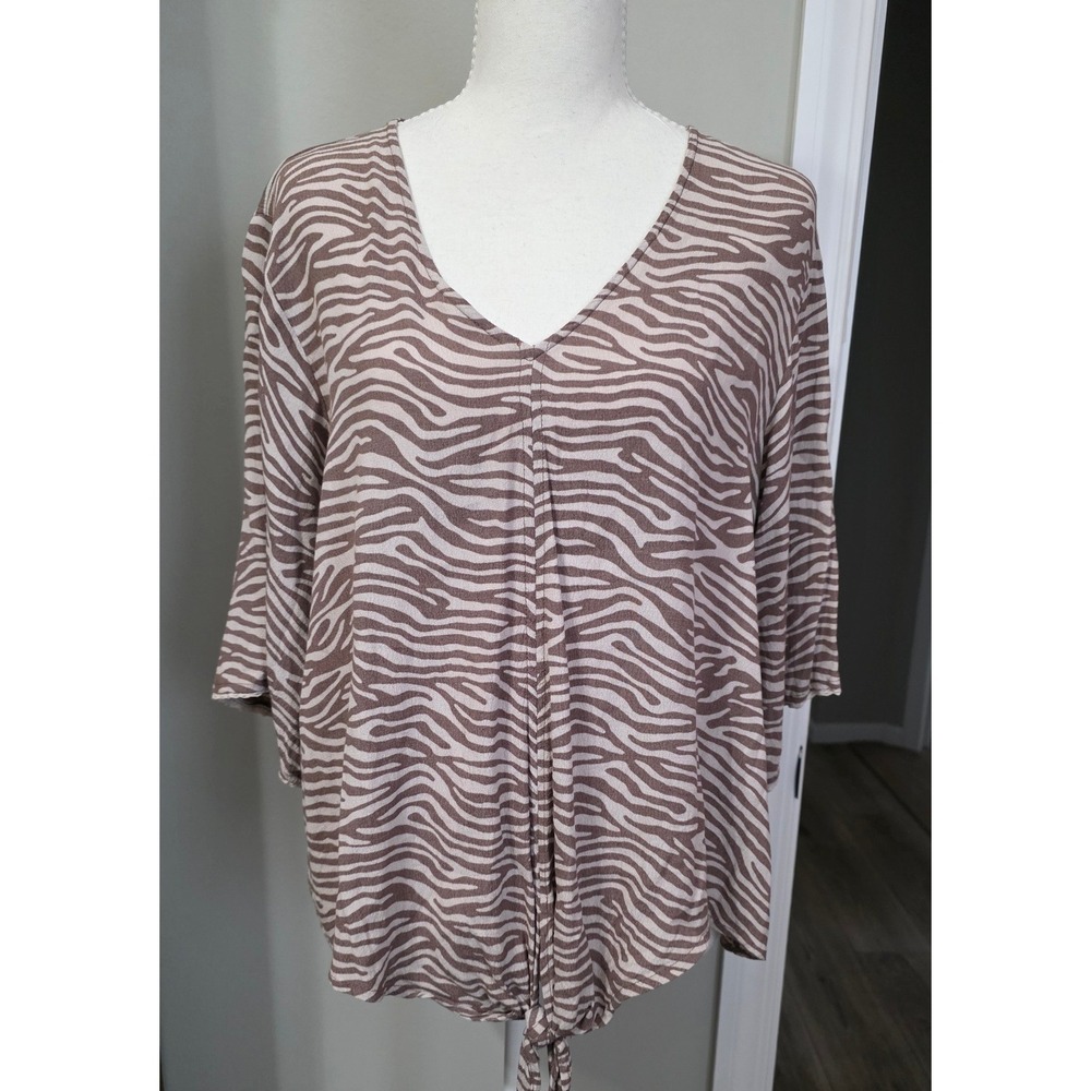 Ariat Women Small Brown Zebra Print V-Neck Front Tie Short Sleeve Top Western